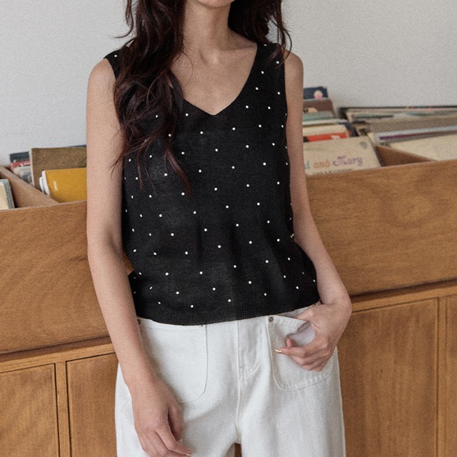 sleeveless v-neck dot pattern knit top L0496