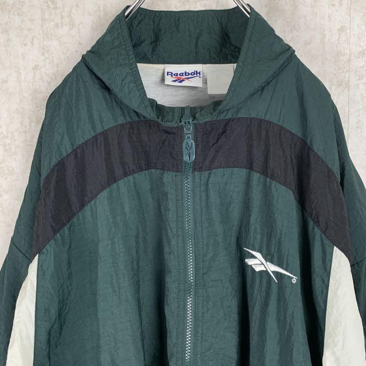 90s リーボック ナイロンジャケット グリーン ベクター ロゴ刺繍 緑 白 黒 ブランド古着 Reebok メンズ XL