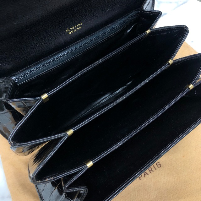 CELINE セリーヌ 馬車 ホースキャリッジ オーバル クロコ型押しレザー ショルダーバッグ ブラック vintage ヴィンテージ オールドセリーヌ 6tmne2