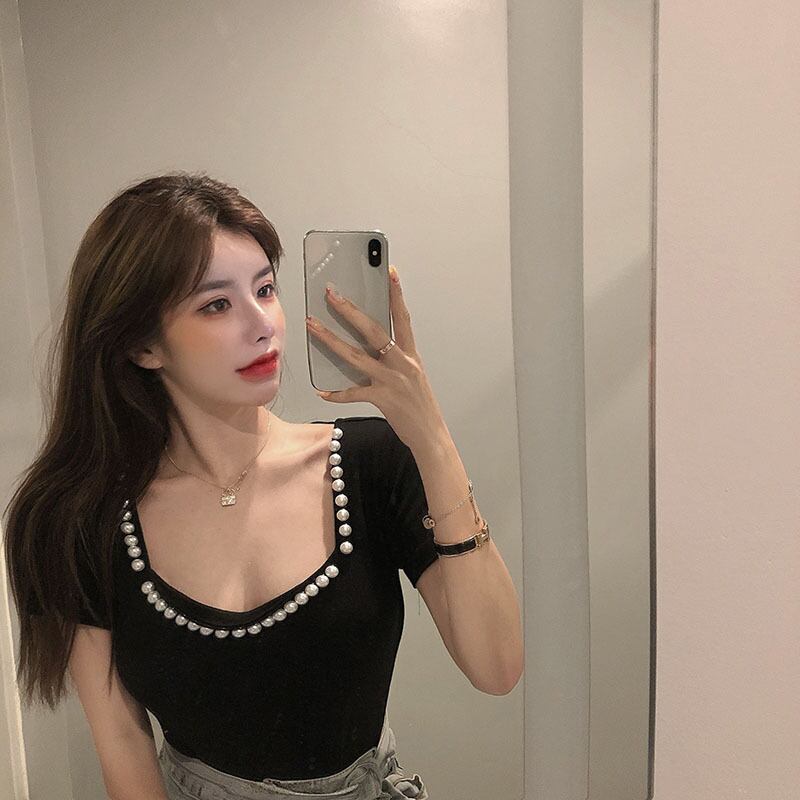 ショートスクエアネックブラックビーズTシャツレディースサマースリムスリミングニッチ半袖2020ニュートップ ブラックストロベリース48580610247