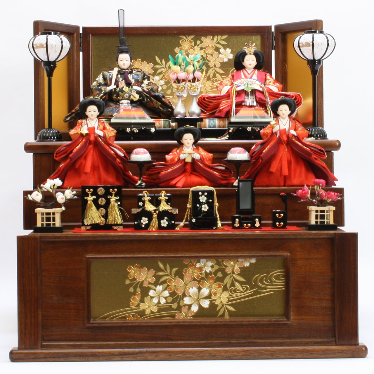 雛人形 ひな人形 初節句 コンパクト おしゃれ モダン インテリア プレミアム こだわり おすすめ 収納 商品名 衣装着五人飾り 収納三段 引出タイプ 桐製 ブラウン 流水桜 商品コード 303 0735 1 人形の松屋