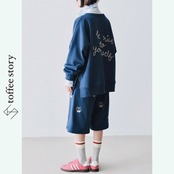 ゆるく可愛い:ガーリーリボン刺繍のインディゴブルースウェット i0463