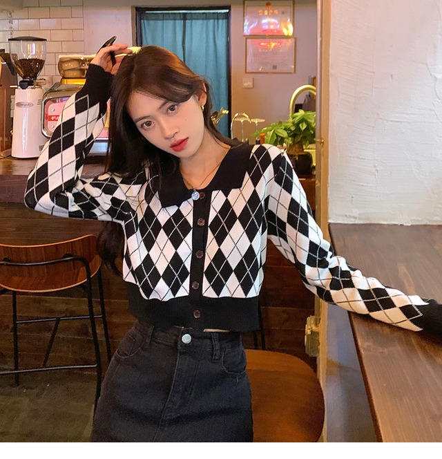 トップス セーター カーディガン ポロシャツ ミニ丈 ショート丈 袖あり 長袖 Vネック 襟付き シャツ襟 前開き 伸縮性 前ボタン ニット かわいい 大人可愛い 大人 おしゃれ お洒落 レトロ 大人可愛い 大人女子 キュート 個性的 主役級 存在感 チェック柄 総柄 秋 冬 10代 20代 30代 レディース 女性用 学生 通学 デート お出かけ 女子会 お泊まり 休日 旅行 着回し 普段使い 韓国系 ワンサイズ 黒 ブラック アプリコット
