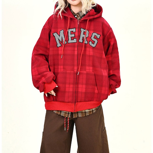 チェックレタリングジップパーカー 2col R01033