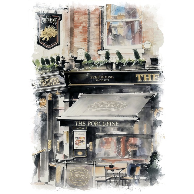 絵画 風景画(街並み)  イギリス ロンドンのパブ インテリアアート額付き 水彩画・油絵風 WAT1028