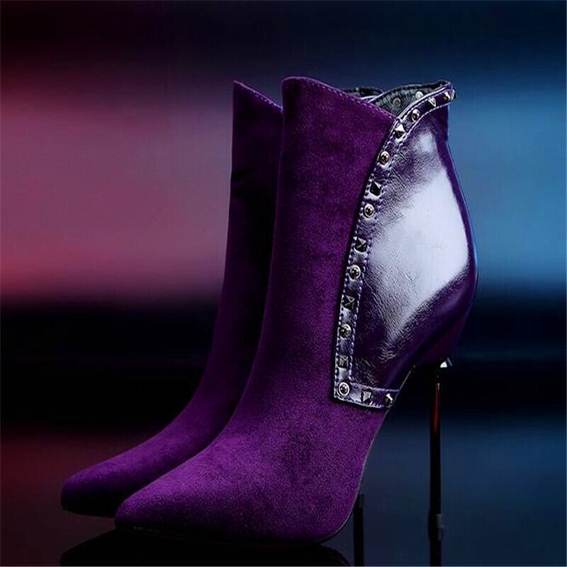 【新作】【送料無料】 装飾されたスチレットヒールアンクルブーツマルウィンターシューズ女性パープルスエードレザーブーツビジネス秋の靴 スウェード オータム 秋物 冬物 10b371176994904