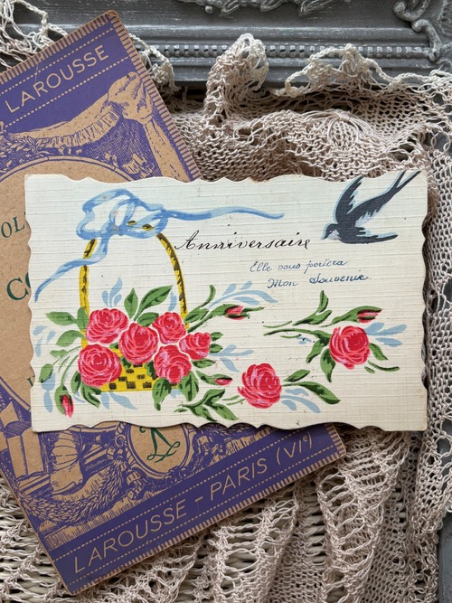 アンティークポストカード ハンドペイント 花籠 パニエ 薔薇 つばめ リボン 1922年 額装 インテリア フランス コレクション
