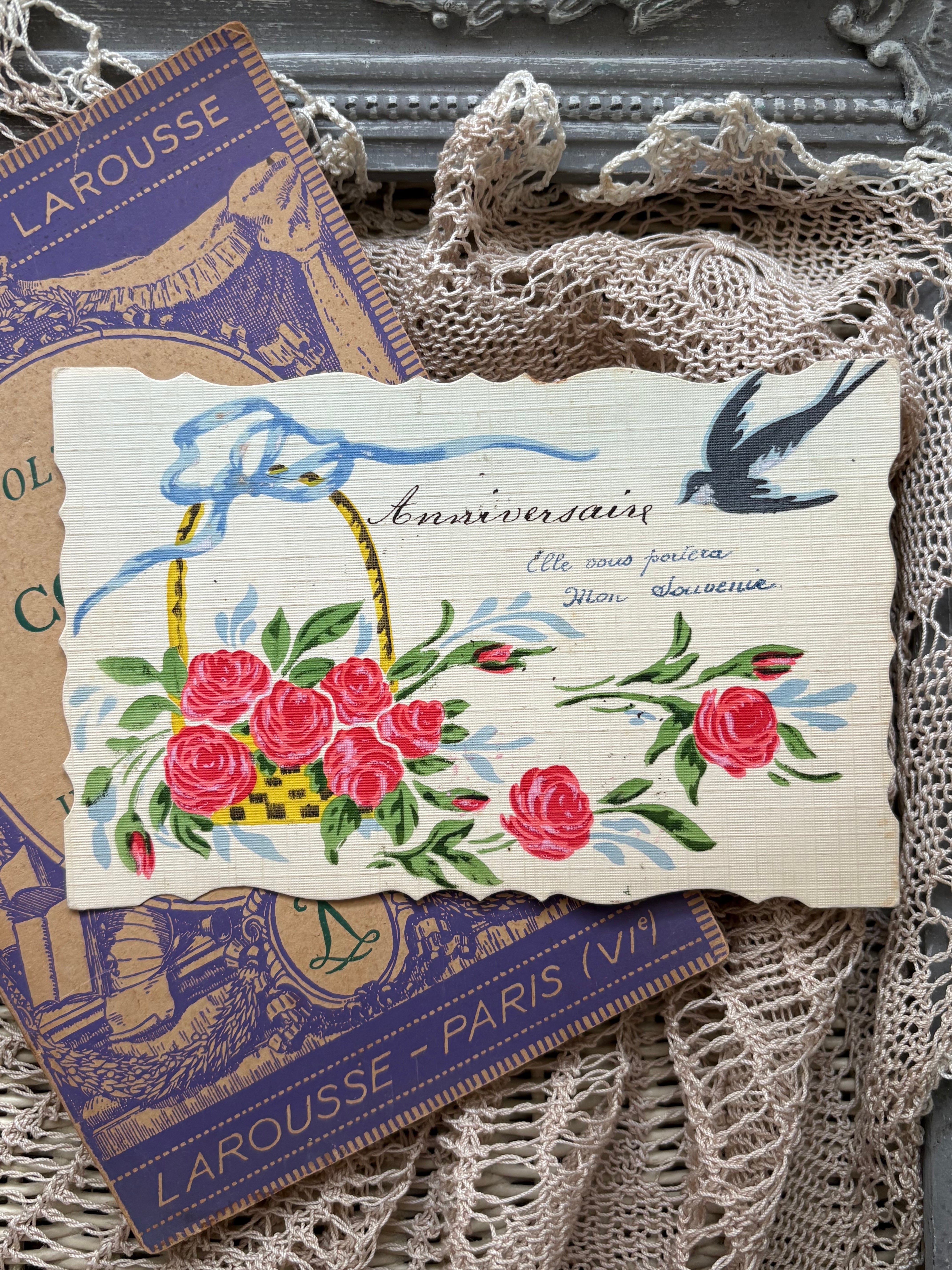 アンティークポストカード ハンドペイント 花籠 パニエ 薔薇 つばめ リボン 1922年 額装 インテリア フランス コレクション