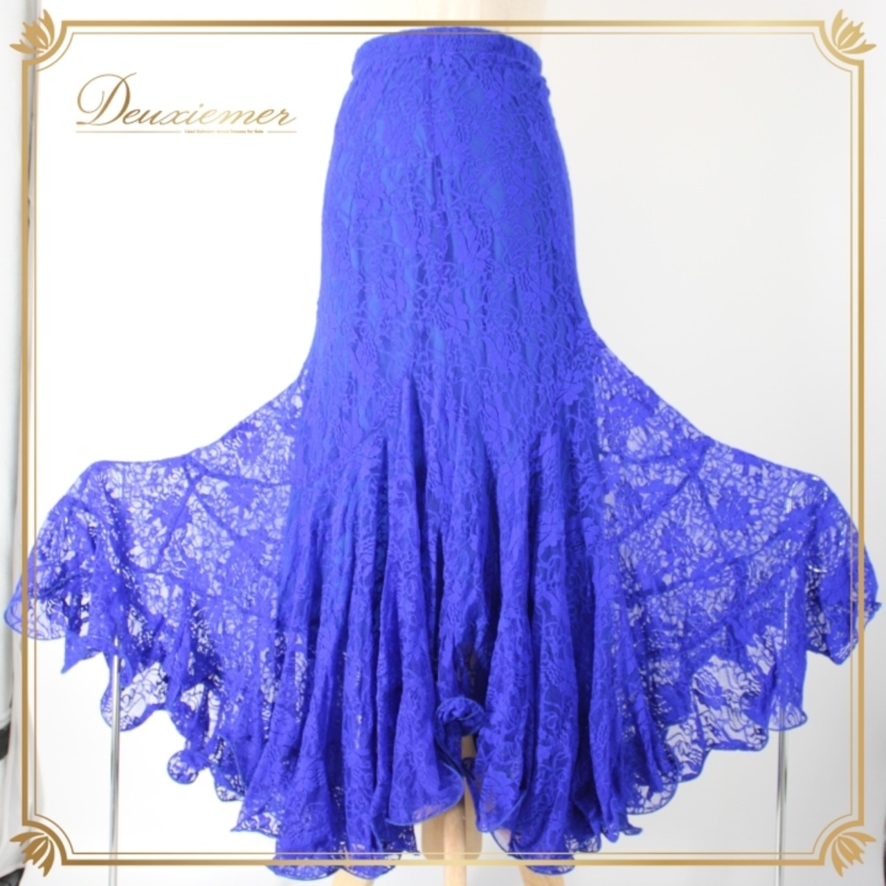 社交ダンス 衣装 スタンダード スカート レッスンウェア オールシーズン 青 ブルー系 レース 練習着 フェミニン かわいい 可愛い 清楚 上品 ロイヤルブルー ラッフル デザイン 美しい エレガント サルサ ジャズ ダンス ウェア レディース フォーマル パーティー おしゃれ 伸縮性 軽やか シンプル 清潔感