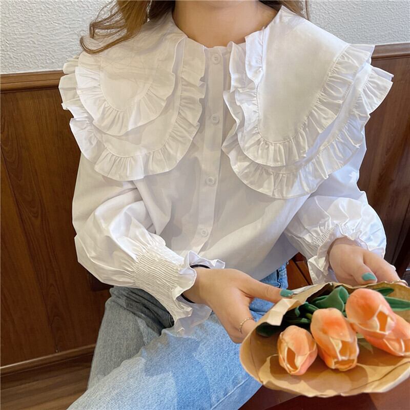 トップス レディース シャツ ブラウス 長袖 ダブルカラー ビッグカラー フリル 甘め かわいい 大人可愛い きれいめ 大人女子 こなれ感 ラブリー キュート ガーリー エレガント フェミニン 無地 春 夏 お呼ばれ 10代 20代 30代 学生 通学 デート お出かけ 女子会 着回し 普段使い お揃い 韓国 韓国系 送料無料 ファッション モテ トレンド 流行 S M L XL 白 ホワイト プチプラ