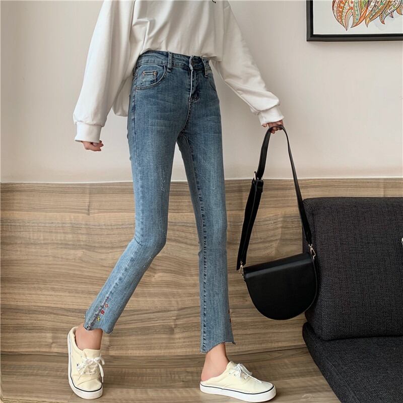 スプリングハイウェストスキニージーンズ スリムパンツ レディース レッド 刺繍 春物 YY-ファッション45528225801