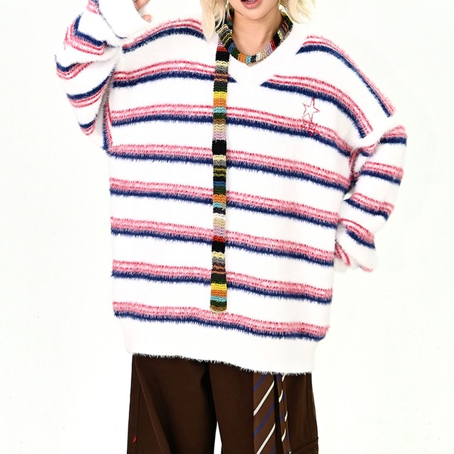 ボーダーシャギーニットプルオーバー  2col   R01194