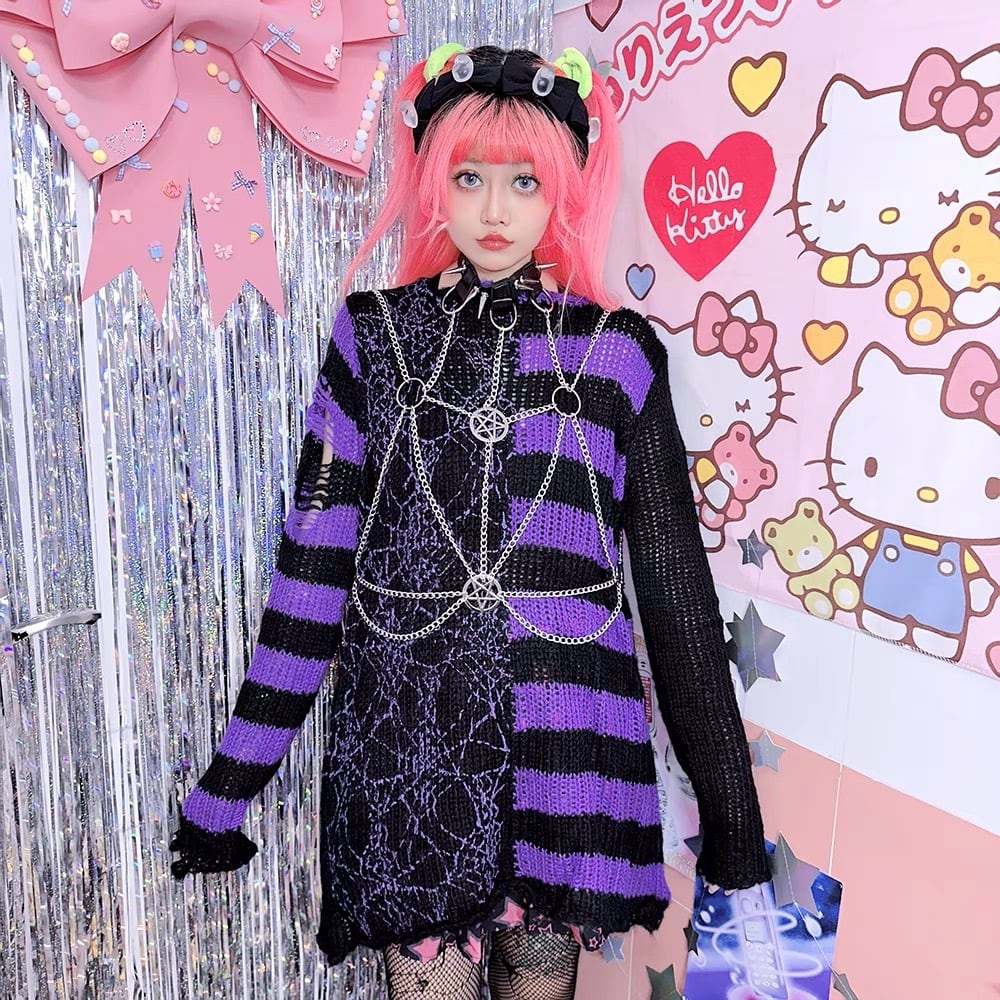 ニット ダメージ ニット ボーダー ゴスロリ ストライプ 紫 赤 白 黒