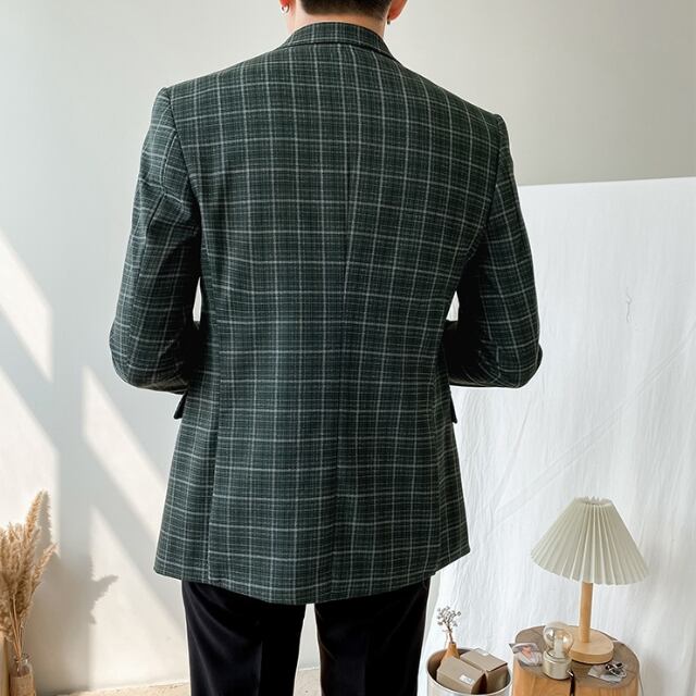 流行の予感チェック柄 レトロ折り襟ジャケット グリーン 3XL(新品未使用)