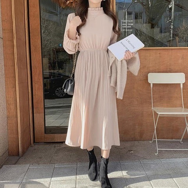 【送料無料】 パステルカラー シフォン ワンピース フリル ハイネック プリーツ ロング 大人可愛い フェミニン キレイ目 レトロ デート 春 新作 OP-017IU