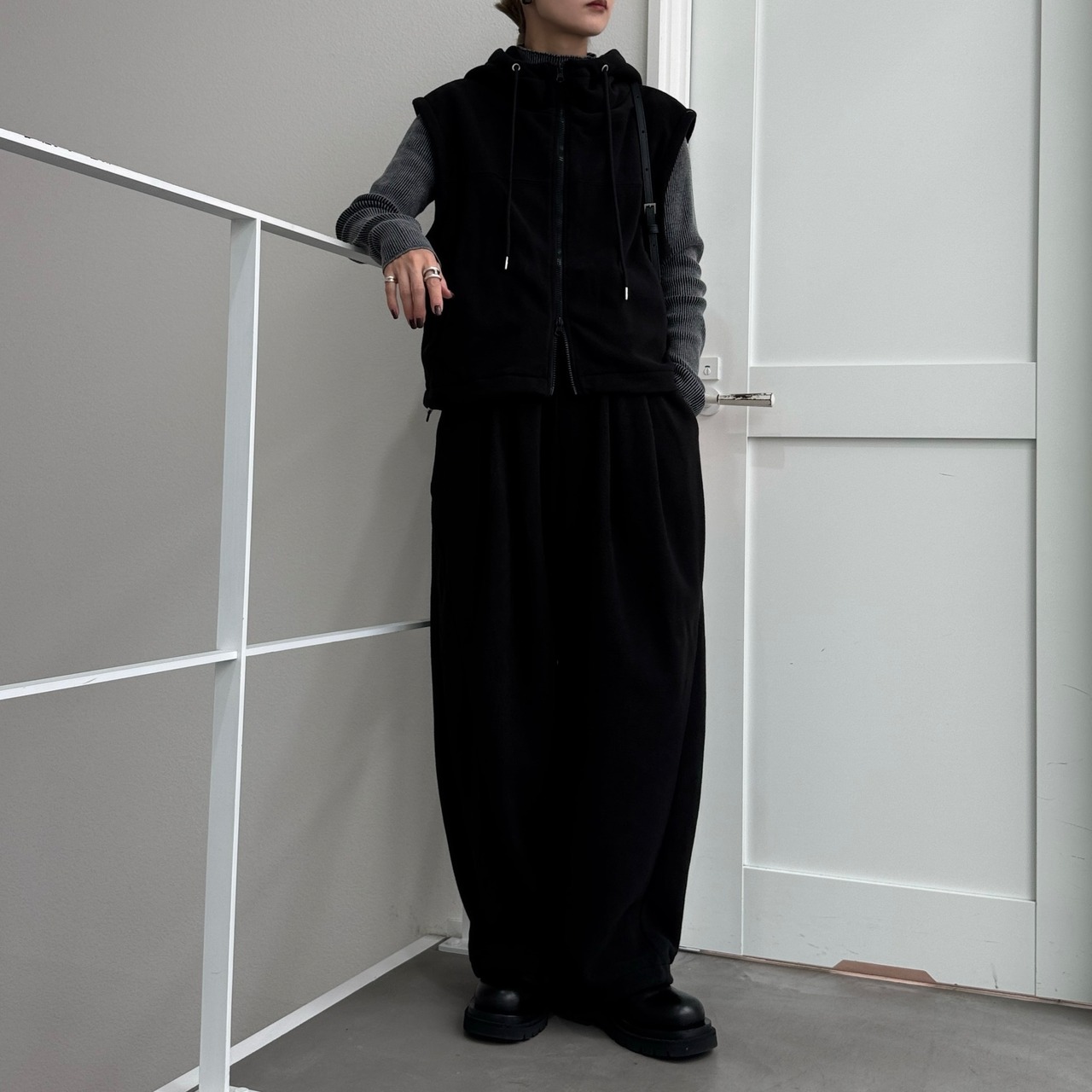 Wzipフリースフーディーvest/ブラック