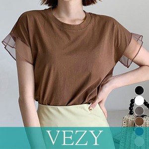 袖シアーTシャツチュール切替えカットソー クルーネックt 大人可愛い夏服 着回し フリル袖トップス ゆったり 半袖カットソー おしゃれプルオーバー無地Tシャツ 半袖VEZY ベジー ItemNo.【23059931】