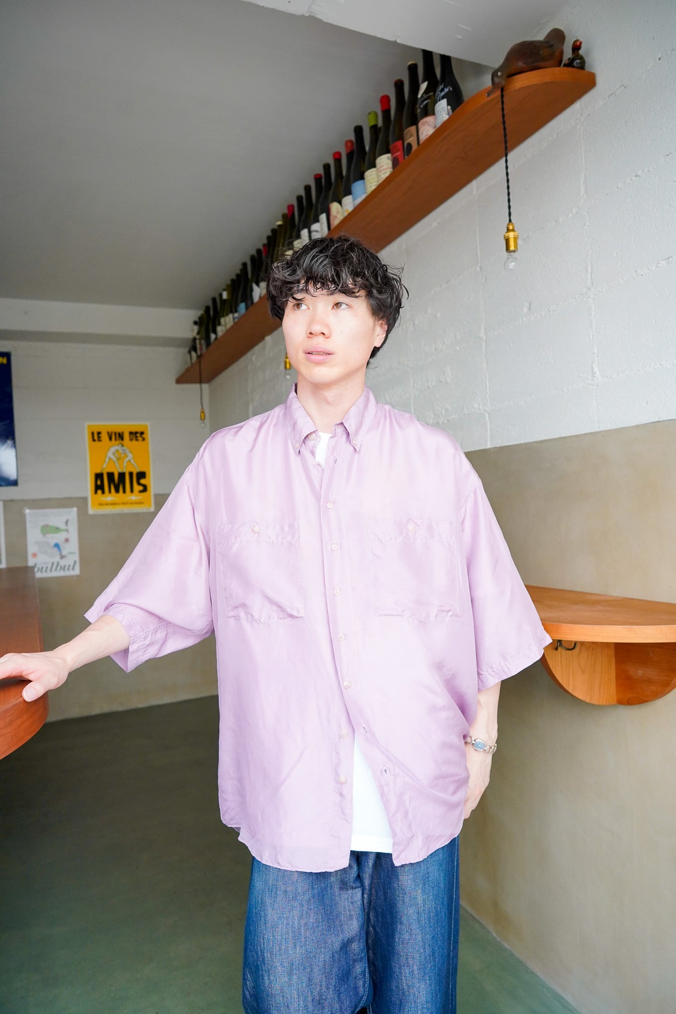 【1990s】"Henry Morell, 100%Silk" Purple Color Short Sleeve Shirts / 6−155