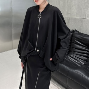 BLACK BASEBALL COLLAR IRREGULAR HEM FULLZIP JACKET 1color M-7737