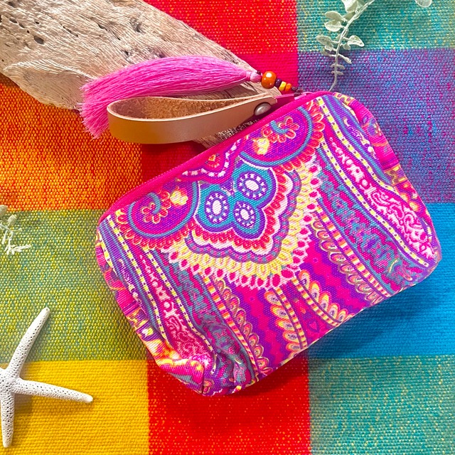 コスメポーチミニ❤️パープルスカイブルーピンクライン×ピンクタッセル×ミニハンドル