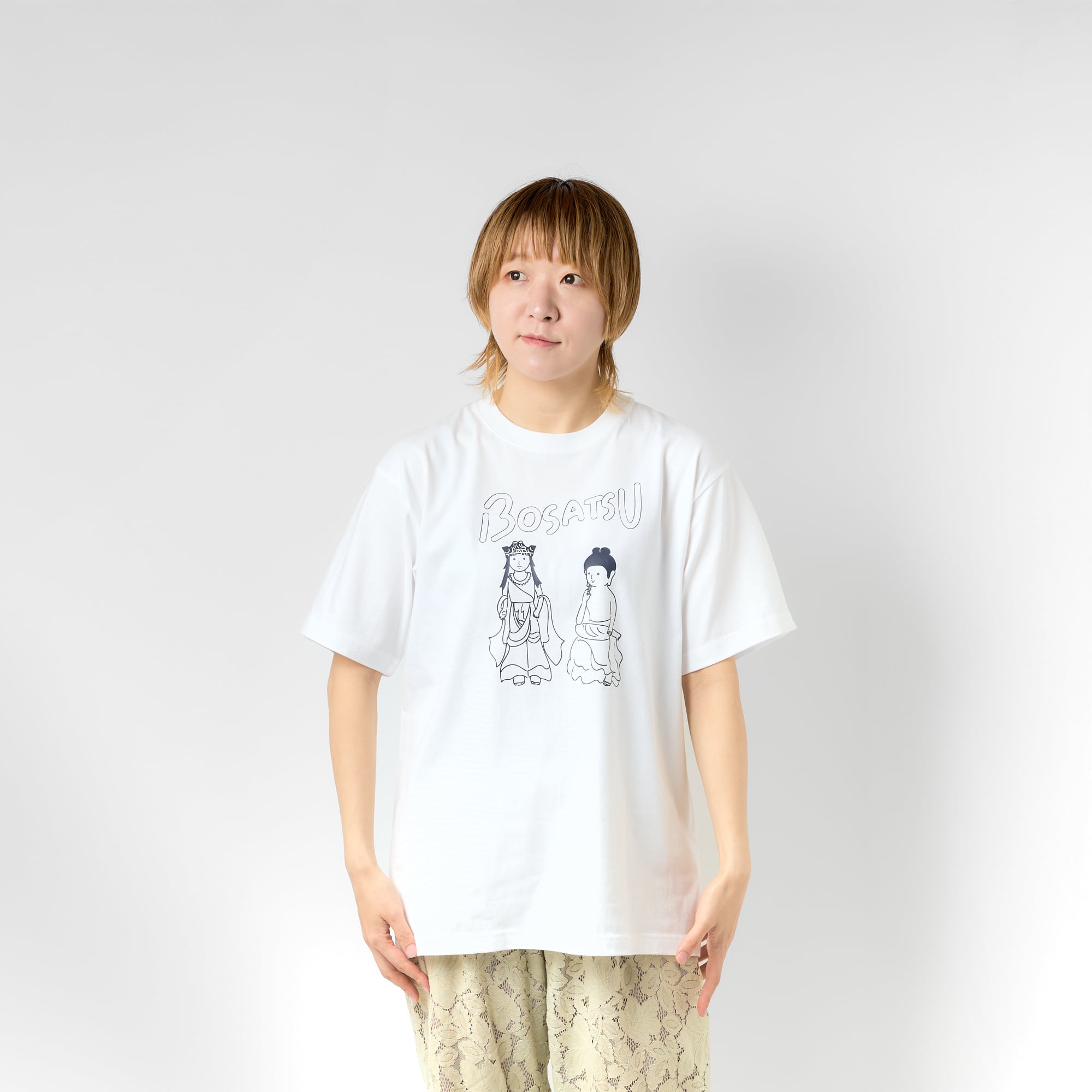 百済観音と菩薩半跏 Tシャツ (プリント) ホワイト 6.2oz | BOSATSU