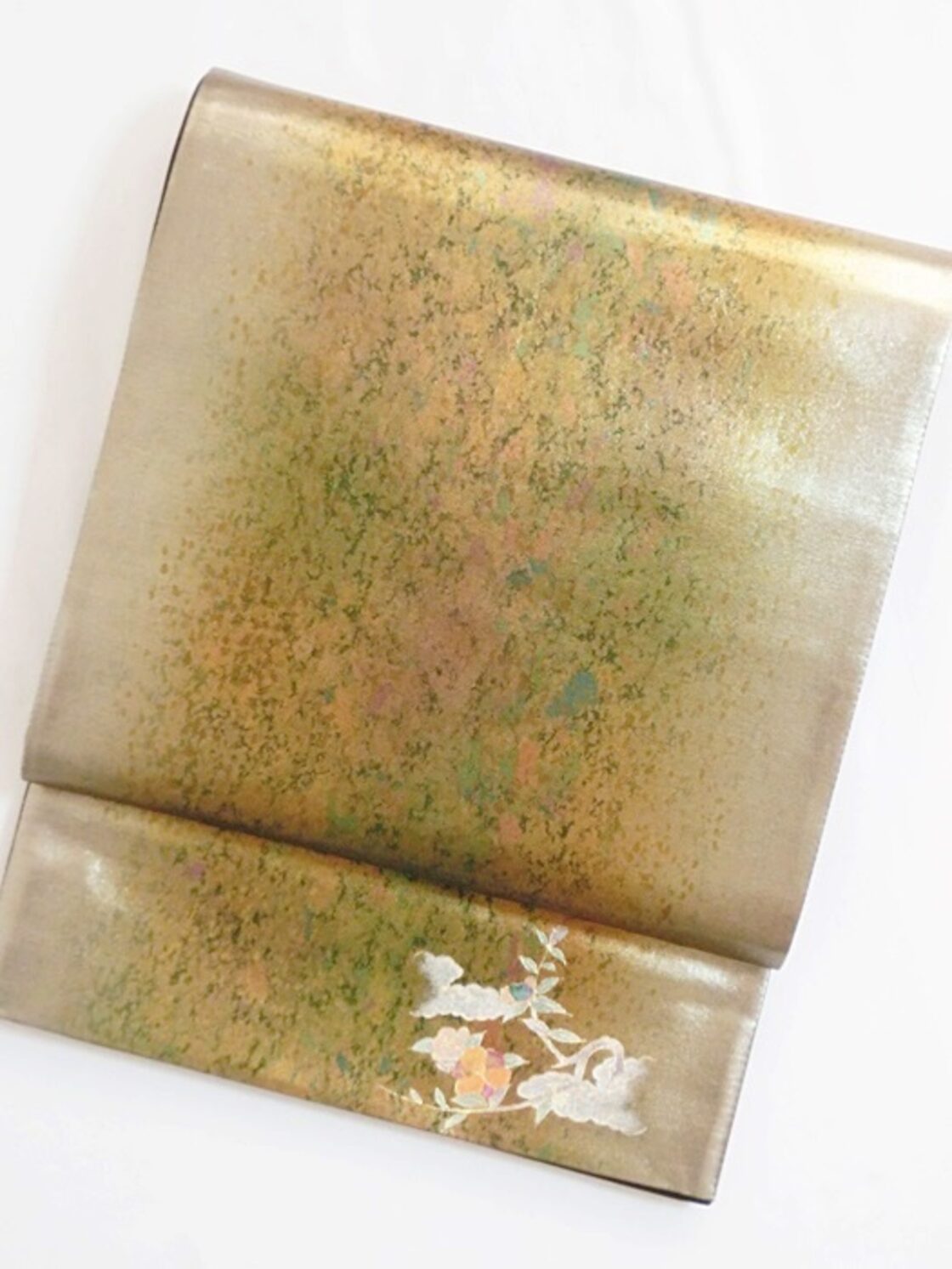 錦 袋帯 垂れ部分にワンポイント柄／焼箔仕様☆黒地に焼箔【美品 