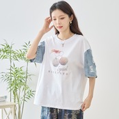 TRUBE スパンコールデコプリントデニム袖Tシャツ【M~L】ホワイト