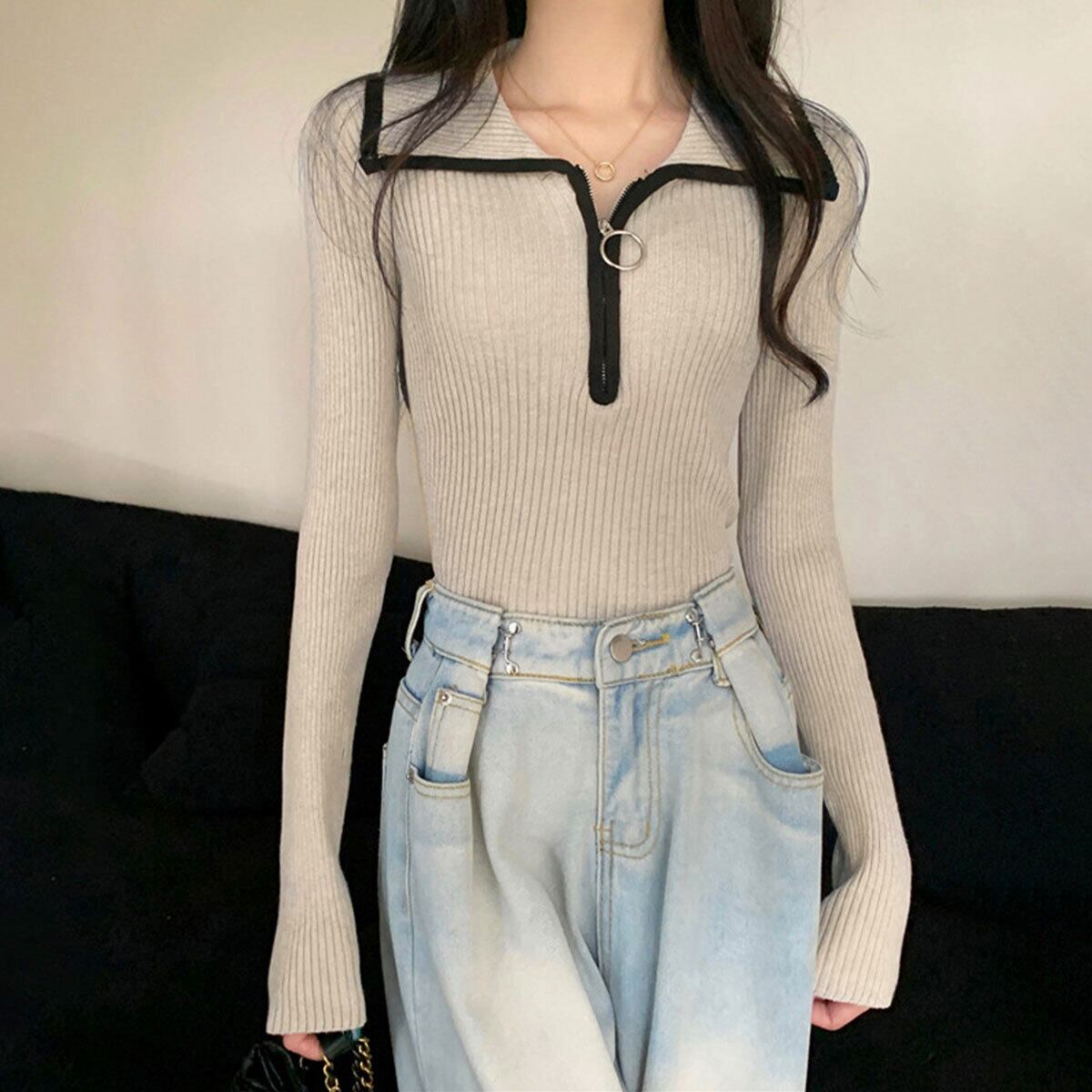 ファスナー付き ニット セーター 長袖 レディース 秋冬 韓国 おしゃれ 大人 カジュアル ハーフジップ リブニット きれいめ トップス インナー 大人可愛い 大人女子