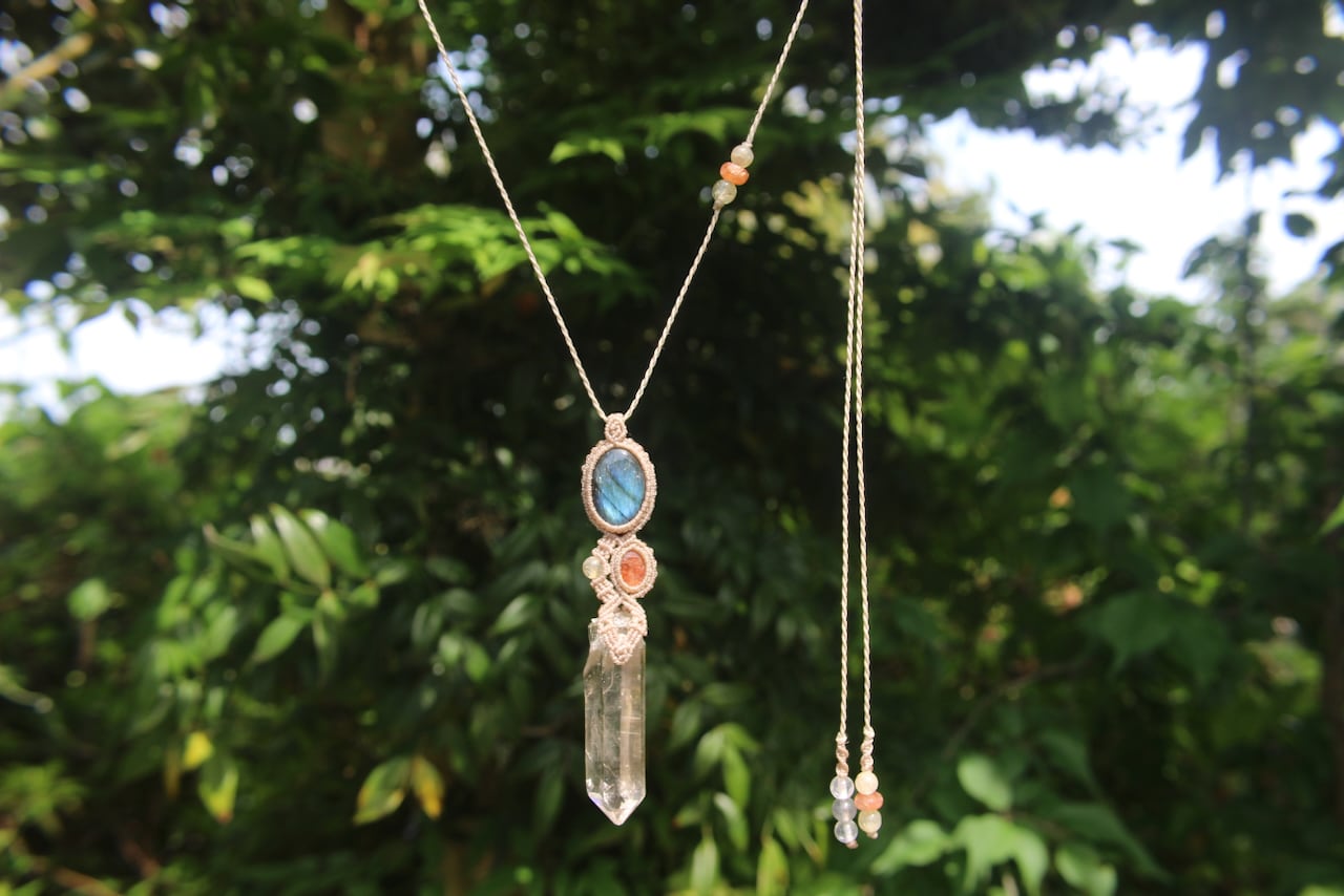 Himalayan crystal & Labradorite & Sunstone micro macrame pendant
