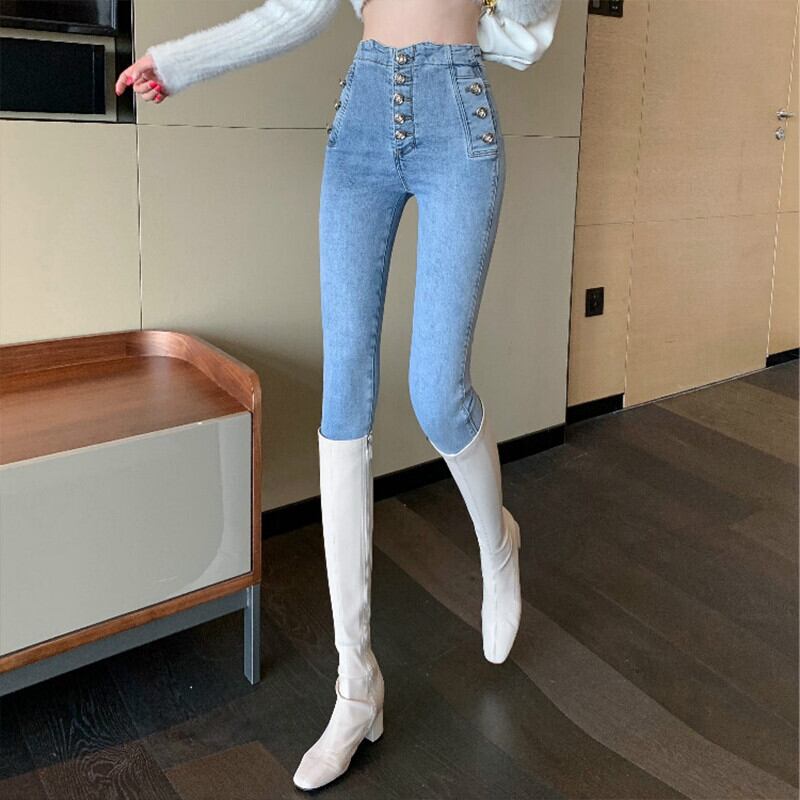 ストレッチスキニージーンズ オータムハイウェスト薄手パンツ エラスティック 伸縮 秋物 ガールズファッション19715707133