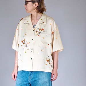 着物リメイク  レディース　シルクシャツL スナップボタン オーバーサイズ オープンカラーシャツ ヴィンテージ着物 アップサイクル