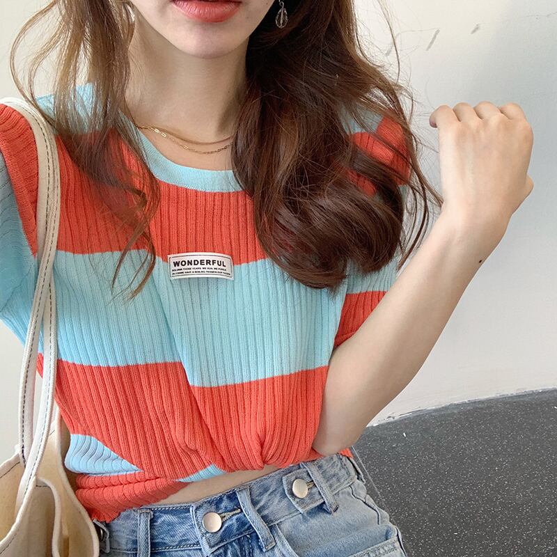 カラーストライプセーター レディースサマースタイルルーズラウンドネックプルオーバー Tシャツ トップス 夏物 Oネック ビッグFスモールZ韓国31708394271