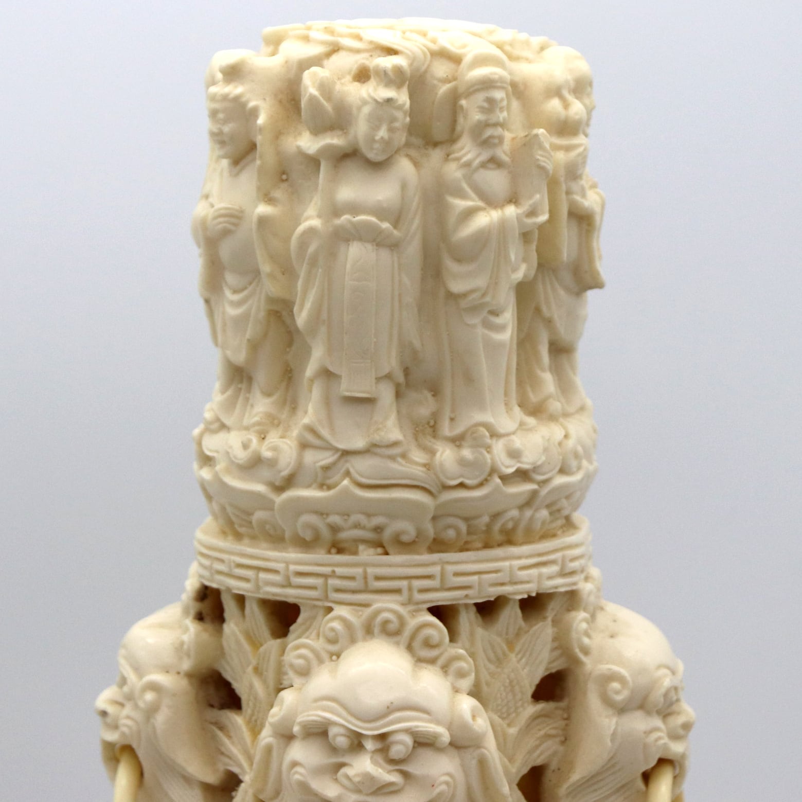中国美術工芸・象牙風・獅子・龍・三脚・香炉・台付・No.210513-36