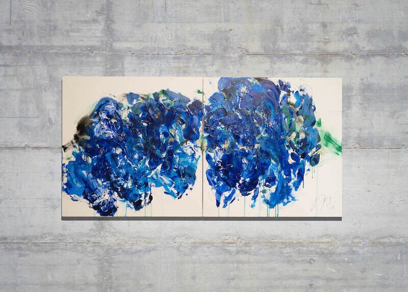 Flowers / 青い花をテーマにした現代アート作品 2連キャンバス 絵画