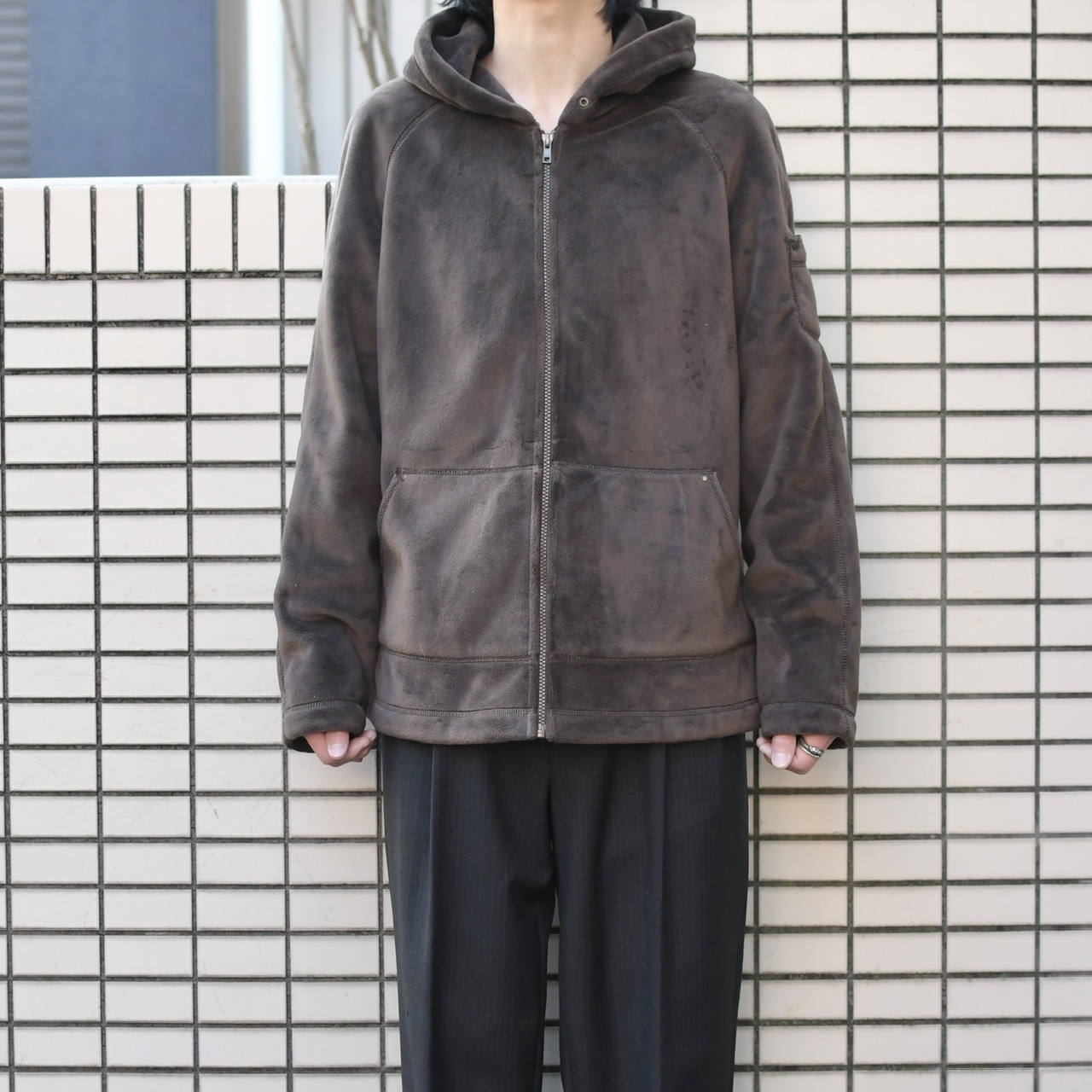 arm pocket design fur zip up hoodie