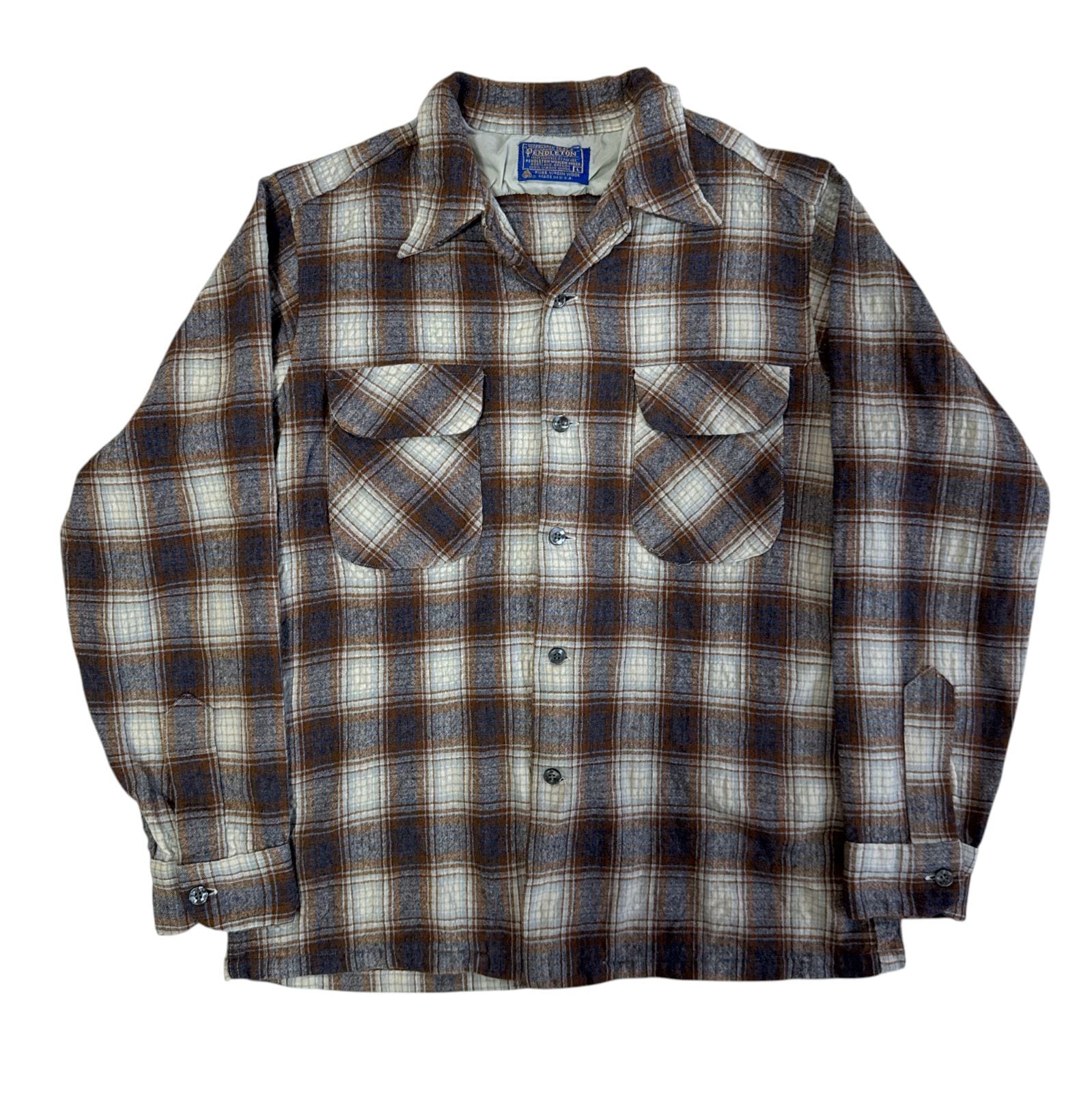 PENDLETON オンブレ ウールシャツ L ブルー グレー ブラウン 美品 60s PENDLETON ペンドルトン オンブレ ウール オープンカラーシャツ