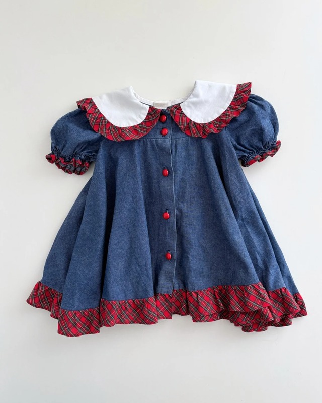 【2T相当・vintage】デニムチェック柄dress