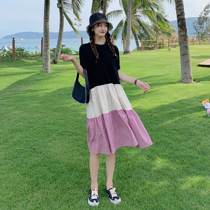 気質ドレス女神ファン2020新夏ルーズで薄いコントラストカラー半袖ドレスは塩が甘くなります 1号婦人90874928554