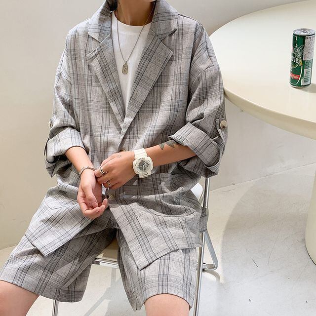 【予約販売】メンズ セットアップ 上下 ハーフパンツ 五分袖 ジャケット チェック柄 グレー スーツ フォーマル 結婚式 パーティー カジュアル 春夏秋 M/L/XL/2XL