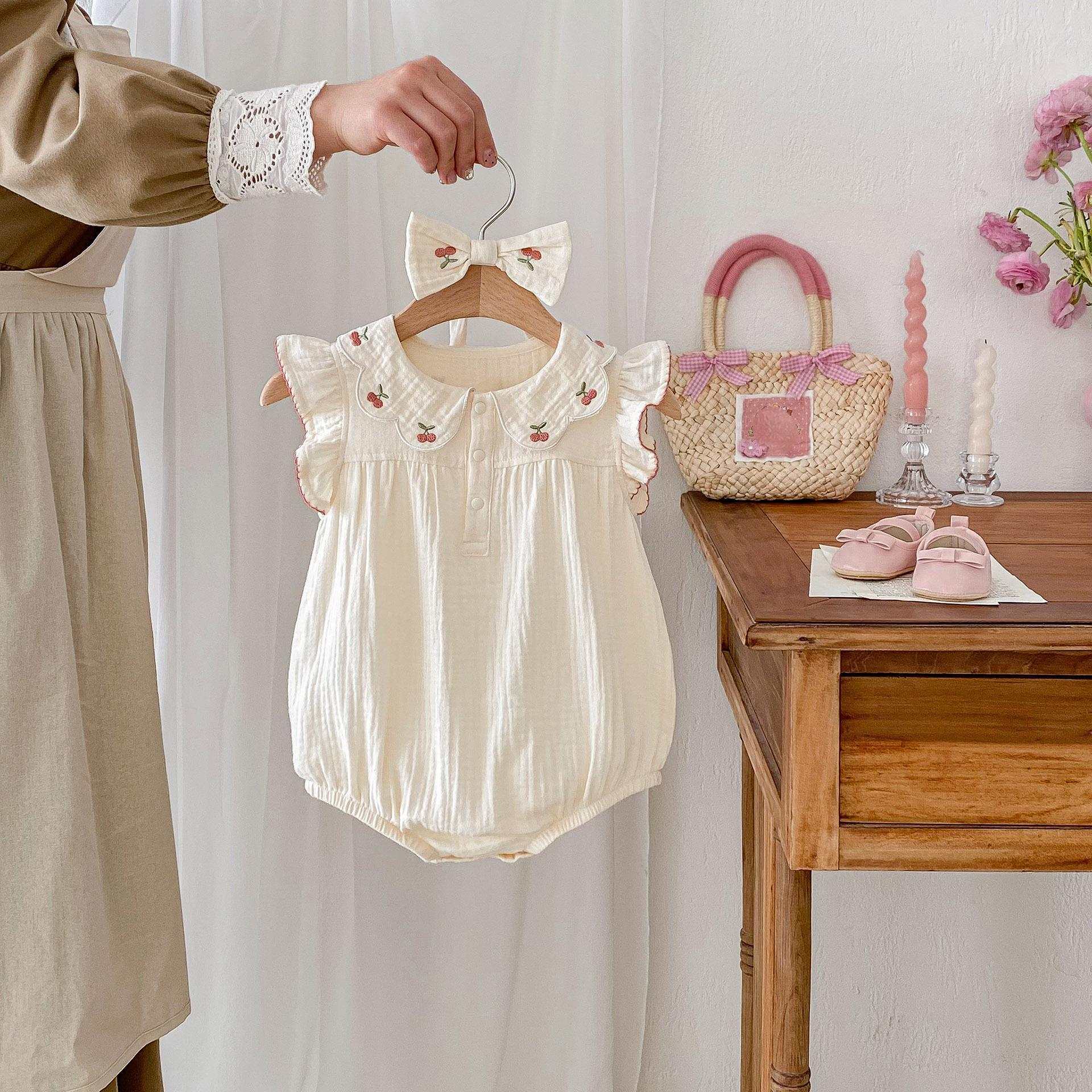 チェリーヘアバンド付きガーゼロンパース