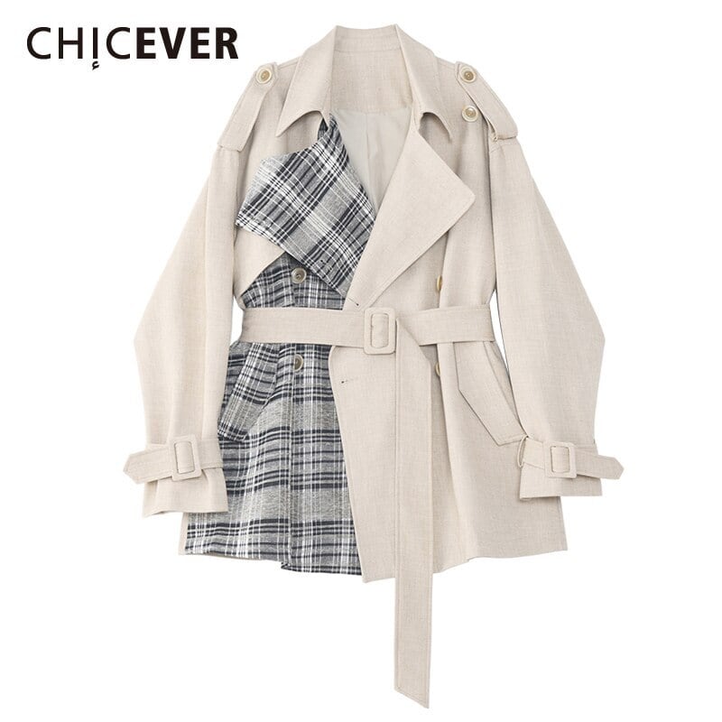 CHICEVERパッチワークヒットカラートレンチ女性ラペル長袖ウエストサッシ付きチェック柄不規則なトレンチスタイル ロング 6base571361946599