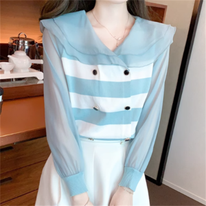 【送料無料】 トップス 2色 ブラウス 袖あり 長袖 テイアード Vネック Aライン フレア ロング丈 異素材切り替え ドッキング 透け感 シースルー 薄手生地 かわいい 大人可愛い 大人女子 こなれ感 シンプル カジュアル 大人 上品 おしゃれ お洒落 ラフ コンサバ フェミニン ガーリー ボーダー しましま 春 夏 20代 30代 40代 レディース 女性 デート お出かけ お茶会 女子会 休日 演奏会 授業参観 二次会 パーティ 着回し プチプライス カラバリ デイリーユース 韓国系 ファッション