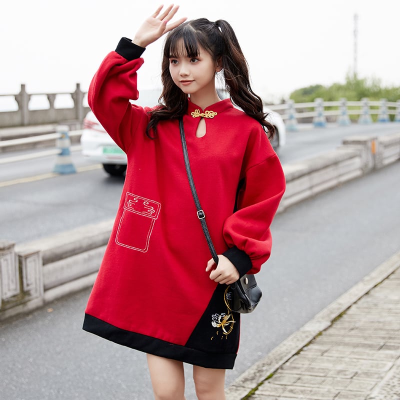 国潮阁シリーズ チャイナ風ワンピース レッド 刺繍入り 可愛い S M L Ll 厚て 暖かい 秋服 冬服 Elegant 国潮阁シリーズ チャイナ風ワンピース レッド 刺繍入り 可愛い S M L Ll 厚て 暖かい 秋服 冬服 Elegant