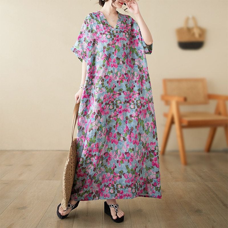 COTTON LINEN PRINT LOOSE V-NECK LONG DRESS M-18038