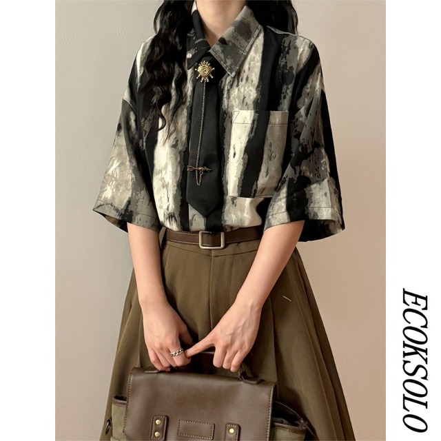 サブカル 服 地雷系 通販 アメカジ カジュアル 半袖 シャツ 水墨画風 ネクタイ付き ECOKSOLO 春夏服
