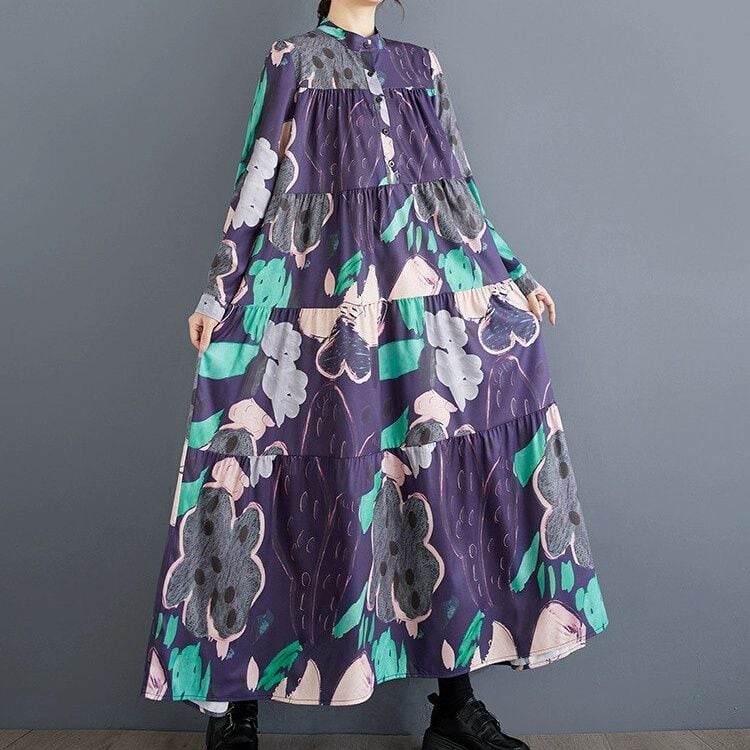FLOWER PRINT STAND COLLAR A-LINE LONG SHIRT DRESS 1color M-15199