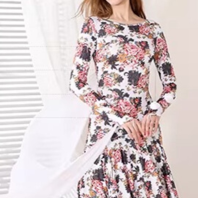 ロングスリーブ フラワープリント ダンスドレス ds1494
