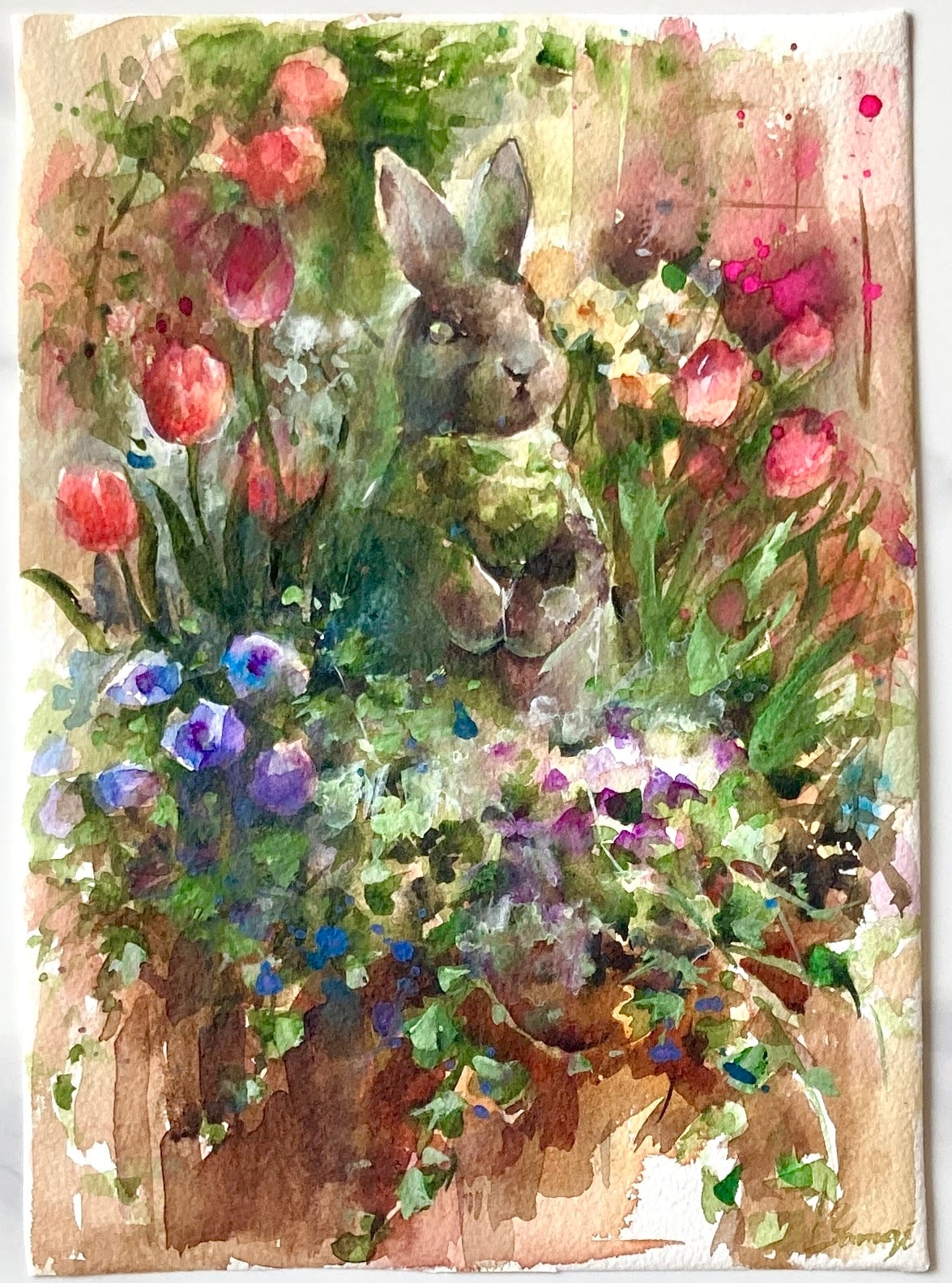 水彩画 原画 うさぎの花壇 | yanagi