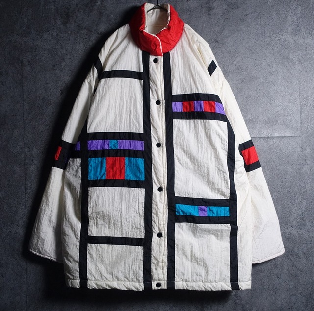 Multicolor Mondrian Pattern Design Filled Nylon Half Coat