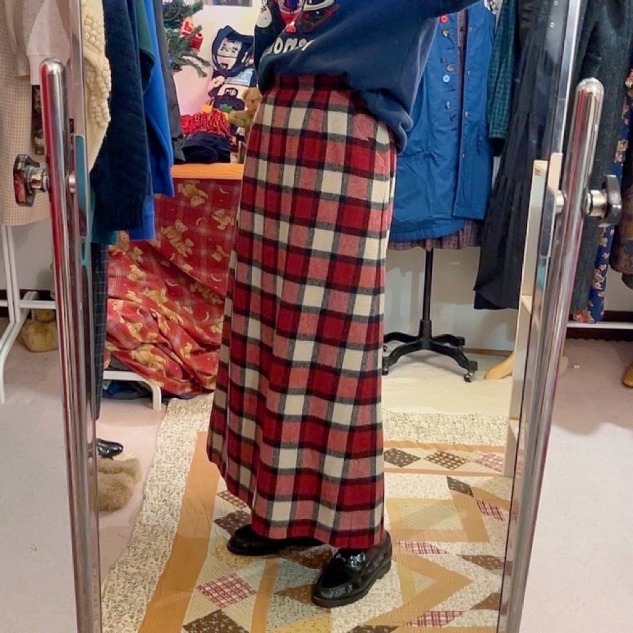 red block check wool long skirt